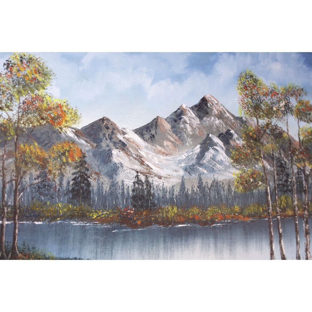 Vintage Mountain landscape oil painting on artist board 12 x 16", Bob Ross style